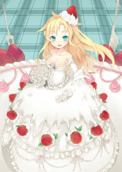 Rule 34 | 1girl, :d, aqua eyes, bare shoulders, blonde hair, bouquet, breasts, cake, cleavage, collarbone, cream, dress, elbow gloves, flower, food, food as clothes, food on head, food-themed clothes, fred04142, fruit, gloves, green eyes, long hair, looking at viewer, object on head, off shoulder, open mouth, original, outstretched arm, rose, smile, solo, strap slip, strawberry, wedding dress, whipped cream, white gloves, white rose