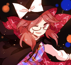 Rule 34 | 1girl, bow, brown eyes, brown hair, cape, clothes writing, glasses, hat, hat bow, highres, legacy of lunatic kingdom, long sleeves, one eye closed, shirt, skirt, skirt set, smile, solo, touhou, usami sumireko, yetworldview kaze