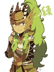Rule 34 | 1boy, alternate hair color, black eyes, chinese clothes, fang, green hair, helmet, kotorai, long hair, looking at viewer, ma chao, male focus, pointing, pointing at self, ponytail, shin sangoku musou, sidelocks, signature, smile, solo, translation request, upper body, very long hair, white background