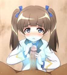 Rule 34 | 10s, 1boy, 1girl, blue eyes, blush, brave witches, brown hair, censored, georgette lemare, hair ornament, hiraga daidai, penis, ribbon, strike witches, twintails, world witches series