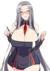 Rule 34 | 1girl, alternate breast size, azur lane, between breasts, black dress, blush, breasts, cleavage, collared dress, curvy, dress, glasses, grey hair, hair ornament, highres, holding, holding pen, huge breasts, long hair, looking at viewer, microdress, necktie, necktie between breasts, ootori subaru, pen, red necktie, semi-rimless eyewear, shangri-la (azur lane), simple background, snowflake hair ornament, solo, very long hair, white background, yellow eyes
