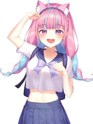 Rule 34 | 1girl, :d, absurdres, ahoge, animal ear fluff, animal ears, arm up, backpack, bad id, bad pixiv id, bag, blue hair, blue hairband, blue sailor collar, blue skirt, blush, bow, braid, cat ears, commentary request, cowboy shot, crop top, hairband, hand up, harusame (user wawj5773), highres, hololive, huge filesize, long hair, looking at viewer, midriff, minato aqua, multicolored hair, open mouth, pink hair, pleated skirt, purple bow, purple eyes, sailor collar, school uniform, serafuku, shirt, short sleeves, simple background, skirt, smile, solo, standing, teeth, twin braids, twintails, two-tone hair, upper teeth only, virtual youtuber, white background, white shirt