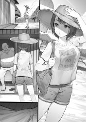 Rule 34 | 1boy, 1girl, absurdres, ass, bulge, clothes writing, commentary, contrapposto, door, english commentary, faceless, faceless male, fat, fat man, greyscale, hat, highres, kotoribako, monochrome, original, outdoors, porch, shirt, short hair, shorts, smile, sun hat, sweat