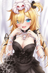 1girl absurdres akai_haato akai_haato_(9th_costume) black_collar black_dress black_nails black_ribbon blonde_hair blue_eyes blush breasts cleavage collar dress hair_ornament hair_over_one_eye hair_ribbon heart heart_hair_ornament highres hololive insect_on_head large_breasts long_hair looking_at_viewer nail_polish official_alternate_costume one_side_up open_mouth ribbon rinkaa_(lovelive765pro2) silk smile spider_web virtual_youtuber