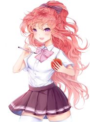 Rule 34 | 1girl, :d, apple, bad id, bad pixiv id, bad proportions, black skirt, blush, bow, food, fruit, hair bow, jilo, long hair, looking at viewer, open mouth, pen, pen-pineapple-apple-pen, pink bow, pink hair, pleated skirt, purple eyes, school uniform, shirt, short sleeves, simple background, skirt, smile, solo, standing, thighhighs, very long hair, wavy hair, white background, white shirt, white thighhighs