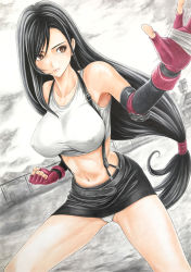 Rule 34 | 1girl, armpit peek, bad id, bad pixiv id, bare legs, bare shoulders, black hair, breasts, brown eyes, clenched hand, closed mouth, collarbone, colored pencil (medium), cowboy shot, dutch angle, elbow gloves, elbow pads, covered erect nipples, fighting stance, final fantasy, final fantasy vii, fingerless gloves, gloves, grey background, hand up, kinako korone, large breasts, lips, long hair, looking to the side, low-tied long hair, marker (medium), midriff, miniskirt, navel, outdoors, panties, pencil skirt, skirt, solo, standing, stomach, suspender skirt, suspenders, tank top, taut clothes, tifa lockhart, toned, traditional media, underwear, white panties