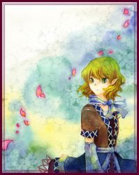 Rule 34 | 1girl, arm warmers, blonde hair, cherry blossoms, female focus, green eyes, mizuhashi parsee, neckerchief, painting (medium), plant, pointy ears, shiroaisa, solo, standing, touhou, traditional media, watercolor (medium)