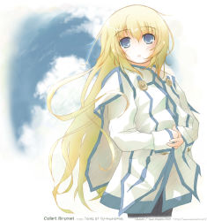 Rule 34 | 00s, 1girl, 2007, aoyama syun, blonde hair, blue eyes, character name, colette brunel, expressionless, long hair, looking at viewer, pantyhose, sky, solo, tales of (series), tales of symphonia, very long hair