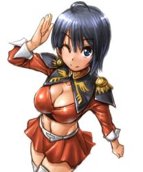 Rule 34 | 1girl, amania orz, blue eyes, blue hair, breasts, character request, cleavage, epaulettes, gundam, large breasts, looking at viewer, midriff, miniskirt, mobile suit gundam, one eye closed, shiny clothes, skirt, smile, solo, thighhighs, uniform, white background, zettai ryouiki