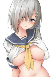 Rule 34 | 1girl, blue eyes, blue sailor collar, blush, breasts, closed mouth, clothes lift, collarbone, commentary request, gloves, hair ornament, hair over one eye, hairclip, hamakaze (kancolle), hand on own chest, hand up, kantai collection, large breasts, lifting own clothes, mizushina minato, navel, neckerchief, no bra, sailor collar, school uniform, serafuku, shirt, shirt lift, short sleeves, silver hair, simple background, solo, white background, white gloves, white shirt, yellow neckerchief