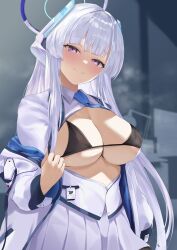 Rule 34 | 1girl, absurdres, bikini, bikini top only, blue archive, blue necktie, blush, breasts, clothes pull, commentary request, everchix, grey hair, halo, highres, jacket, large breasts, long hair, long sleeves, looking at viewer, necktie, noa (blue archive), partial commentary, partially unzipped, purple eyes, shirt, shirt pull, sidelocks, skirt, smile, solo, steam, sweat, swimsuit, very long hair, white hair, white jacket, white shirt