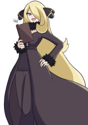 Rule 34 | 1girl, :d, absurdres, black coat, black neckwear, black pants, black scarf, black shirt, blonde hair, book, coat, creatures (company), cynthia (pokemon), eyelashes, feet out of frame, from below, fur trim, game freak, hair ornament, hair over one eye, hand on own hip, highres, holding, holding book, ida (idalol490), long hair, looking at viewer, nintendo, open mouth, pants, pokemon, pokemon dppt, scarf, shirt, signature, simple background, smile, solo, standing, very long hair, white background, wrist cuffs, yellow eyes