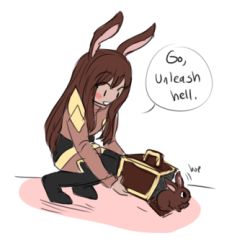 Rule 34 | 1girl, animal, animal ears, blush, box, brown fur, brown hair, dashingicecream, english text, facing another, facing to the side, faunus (rwby), full body, happy, holding, holding box, long hair, long sleeves, looking at another, looking down, looking to the side, lowres, open mouth, rabbit, rabbit ears, rabbit girl, rwby, shadow, shirt, shorts, sitting, smile, solo, speech bubble, squatting, talking, thighhighs, velvet scarlatina, white background