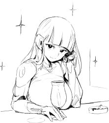 1girl android ashtray breast_rest breasts cocktail cocktail_glass cup drinking_glass hand_in_own_hair highres hime_cut joints kira_miki large_breasts long_hair looking_at_viewer monochrome puk_(higanbana_doujin) robot_ears robot_joints sketch smile solo sparkle va-11_hall-a