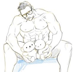 Rule 34 | 1boy, abs, bara, billy russell (dickfish), cigarette, completely nude, convenient censoring, dickfish (fishismdick), facial hair, feet out of frame, glasses, highres, holding, holding stuffed toy, leaning forward, male focus, mature male, muscular, muscular male, mustache, nipples, nude, original, pectorals, scan, short hair, sideburns, sitting, sketch, solo, spread legs, stomach, stuffed animal, stuffed rabbit, stuffed toy, traditional media