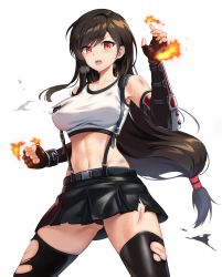 Rule 34 | 1girl, abs, bare shoulders, black panties, black thighhighs, commentary request, elbow gloves, final fantasy, final fantasy vii, final fantasy vii remake, fingerless gloves, fire, gloves, highres, holiday (pangjelly), long hair, low-tied long hair, midriff, miniskirt, navel, open mouth, panties, simple background, skirt, solo, stomach, suspender skirt, suspenders, tank top, thighhighs, tifa lockhart, torn clothes, torn thighhighs, underwear, white background, white tank top