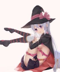 Rule 34 | 1girl, aimh, ayachi nene, belt, belt bra, black cloak, black footwear, black hat, black skirt, blush, boots, bow, breasts, chinese commentary, cloak, commentary, double-parted bangs, from side, full body, hair between eyes, hair ribbon, hat, hat bow, head tilt, highres, hip vent, hugging own legs, knees together feet apart, large breasts, leg ribbon, legs, long hair, looking at viewer, miniskirt, open mouth, pink belt, pink bow, pinstripe bow, pleated skirt, purple eyes, ribbon, sanoba witch, shy, sideboob, sidelocks, simple background, sitting, skirt, socks, thighs, very long hair, white background, white hair, white socks, witch, witch hat, yellow ribbon