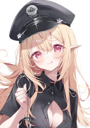 Rule 34 | 1girl, :p, blonde hair, blush, breasts, buttons, cleavage, cuffs, deyui, handcuffs, hat, heart, heart-shaped pupils, highres, large breasts, long hair, nijisanji, nijisanji en, pointy ears, police, police hat, police uniform, policewoman, pomu rainpuff, red eyes, smile, symbol-shaped pupils, tongue, tongue out, uniform, virtual youtuber, white background