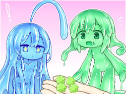 Rule 34 | !, + +, 1other, 2girls, :d, ahoge, blue eyes, blue hair, blue sclera, blue skin, candy, closed mouth, colored sclera, colored skin, completely nude, curss, fang, fewer digits, food, green eyes, green hair, green sclera, green skin, konpeitou, medium hair, mini person, minigirl, monster girl, multiple girls, nude, open mouth, original, skin fang, slime girl, smile, tenori (curss)