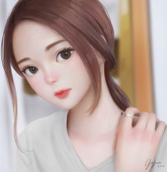 Rule 34 | 1girl, artist name, black eyes, blurry, blurry background, brown hair, dated, geo siador, jewelry, lips, long hair, looking at viewer, nose, original, red lips, ring, shirt, signature, solo, white shirt