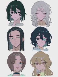 Rule 34 | 2girls, 4boys, absurdres, alternate hair length, alternate hairstyle, aqua eyes, black choker, black eyes, black hair, blonde hair, brown hair, choker, closed mouth, collared shirt, faust (project moon), green eyes, hair slicked back, heterochromia, highres, hong lu (project moon), limbus company, long hair, looking at viewer, meisenlcb, meursault (project moon), multiple boys, multiple girls, project moon, rodion (project moon), shirt, short hair, simple background, sinclair (project moon), smile, very long hair, white background, white hair, white shirt, yellow eyes, yi sang (project moon)