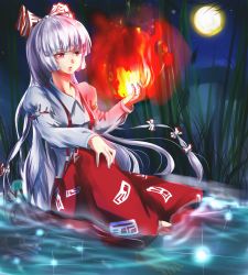 Rule 34 | 1girl, bad id, bad pixiv id, bamboo, bamboo forest, barefoot, female focus, fire, forest, fujiwara no mokou, full moon, hizagawa rau, long hair, moon, nature, night, open mouth, pants, partially submerged, red eyes, sitting, solo, suino, suspenders, touhou, water, white hair