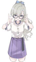 Rule 34 | 1girl, black-framed eyewear, blue bow, bow, braid, braided bangs, commentary request, cropped legs, glasses, grey eyes, grey hair, hair between eyes, hair bow, hands up, highres, hisakawa hayate, idolmaster, idolmaster cinderella girls, idolmaster cinderella girls starlight stage, long hair, looking at viewer, open mouth, pleated skirt, ponytail, puffy short sleeves, puffy sleeves, purple skirt, shirt, shiwa (siwaa0419), short sleeves, simple background, skirt, solo, very long hair, white background, white shirt