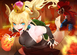 Rule 34 | 1boy, 1girl, b.c.n.y., bare shoulders, battle, black dress, black nails, black thighhighs, blonde hair, blue eyes, boots, bowsette, bracelet, breasts, breath weapon, breathing fire, bridal gauntlets, brown footwear, calligraphy brush (medium), cleavage, collar, collarbone, crown, dress, earrings, facial hair, fingernails, fire, gem, giant, giantess, gloves, halterneck, hat, horns, jewelry, jumping, large breasts, lava, long fingernails, long hair, looking at another, mario, mario (series), mustache, nail polish, new super mario bros. u deluxe, nintendo, open mouth, overalls, pointy ears, ponytail, red hat, sharp teeth, spiked bracelet, spiked collar, spikes, strapless, strapless dress, super crown, tail, teeth, thighhighs, tongue, tongue out, turtle shell, twitter username, white gloves