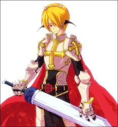 Rule 34 | 1boy, armor, arrow cross, blonde hair, breastplate, cape, chainmail, closed mouth, commentary request, cowboy shot, cross, fake horns, gauntlets, hair between eyes, hair over one eye, head wings, holding, holding sword, holding weapon, horns, kuro (b6u96), looking at viewer, lord knight (ragnarok online), male focus, pauldrons, ragnarok online, red cape, red eyes, short hair, shoulder armor, simple background, smile, solo, spiked gauntlets, sword, tabard, weapon, white background, wings