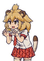 Rule 34 | 10s, 1girl, :3, :d, ahoge, animal ears, argyle, argyle clothes, argyle necktie, argyle neckwear, argyle skirt, blonde hair, breasts, brown eyes, claw pose, cowboy shot, eyebrows, facing away, fang, grey thighhighs, hair between eyes, kemono friends, legs apart, lion (kemono friends), lion ears, lion tail, looking away, miniskirt, open mouth, ouka (yama), palms, pleated skirt, red skirt, shirt, short hair, short sleeves, silver legwear, simple background, skirt, sleeve cuffs, small breasts, smile, solo, standing, tail, thighhighs, tongue, v-shaped eyebrows, white background, white shirt, zettai ryouiki