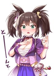 Rule 34 | 1girl, animal ears, blush, bow, breasts, brown hair, cleavage, fang, fox mask, green eyes, hair bow, hand on own chest, higeno shinshi, highres, horse ears, horse girl, inari one (umamusume), large breasts, long hair, looking at viewer, mask, mask on head, sarashi, simple background, solo, twintails, umamusume, white background, yellow bow