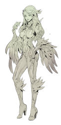 Rule 34 | 1girl, bodysuit, boots, feathers, full body, head wings, high heel boots, high heels, kilart, long hair, monochrome, solo, standing, white background, wings