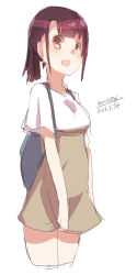 Rule 34 | 1girl, :d, backpack, bag, blush, breasts, brown eyes, brown hair, brown skirt, cropped legs, dated, fang, high-waist skirt, maze (gochama ze gohan), medium breasts, open mouth, original, shirt, short hair, short sleeves, sidelocks, signature, simple background, sketch, skirt, smile, solo, white background, white shirt, wide sleeves