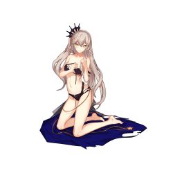 Rule 34 | 1girl, bare legs, bare shoulders, barefoot, bikini, black bikini, breasts, closed mouth, frown, full body, green eyes, hair between eyes, highres, kneeling, light brown hair, long hair, navel, noah fantasy, official art, one side up, skade, small breasts, solo, swimsuit, torn bikini, torn clothes, transparent background, very long hair