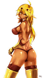 Rule 34 | 1girl, ahoge, ass, at2., back, bare shoulders, blaze (minecraft), blonde hair, breasts, covered erect nipples, dark-skinned female, dark skin, female focus, fingerless gloves, from behind, gauntlets, gloves, highres, large breasts, long hair, looking back, minecraft, muscular, panties, personification, shiny skin, simple background, smile, solo, tan, thong, underwear, white background, yellow eyes