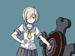 Rule 34 | 1girl, blue eyes, commentary, cowboy shot, english commentary, fate/grand order, fate (series), gloves, grey background, grey skirt, hair ornament, hair over one eye, hairclip, hamakaze (kancolle), kantai collection, look-alike, looking at viewer, one-hour drawing challenge, pleated skirt, school uniform, serafuku, shield, short hair, short sleeves, silver hair, simple background, sixten, skirt, solo, weapon, white gloves, yellow neckwear