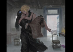 Rule 34 | 1boy, 1girl, apron, bare shoulders, barefoot, black apron, black gloves, black hair, black shirt, black shorts, black vest, blanket, blonde hair, carrying, carrying person, chair, closed eyes, cloud strife, commentary, couple, crop top, earrings, final fantasy, final fantasy vii, final fantasy vii advent children, flower, gloves, hair flower, hair ornament, hand on another&#039;s shoulder, highres, indoors, jewelry, lamp, long hair, midriff, motor vehicle, motorcycle, open door, popped collar, princess carry, shirt, shorts, single glove, sleeveless, sleeveless shirt, slippers, unworn slippers, smile, spiked hair, standing, stud earrings, table, tank top, tifa lockhart, twitter username, vest, white tank top, window, zoewingsz