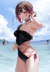 Rule 34 | 4girls, black choker, black hair, black one-piece swimsuit, blush, chigusa minori, choker, corrupted twitter file, day, highres, looking at viewer, multicolored hair, multiple girls, navel, one-piece swimsuit, outdoors, parted lips, pink hair, purple eyes, shino to ren, shirayuki ren, smile, solo focus, swimsuit, teeth, thighs, two-tone hair, water, wet
