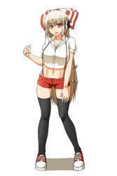 Rule 34 | 1girl, alternate costume, azuman, black thighhighs, bow, breasts, contemporary, fujiwara no mokou, full body, hair bow, headphones, large breasts, long hair, midriff, navel, red eyes, ribbon, shoes, short shorts, shorts, simple background, sneakers, solo, suspenders, thighhighs, touhou, white hair