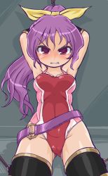 Rule 34 | 1girl, alternate costume, angry, armpits, arms behind head, belt, blush, breasts, clenched teeth, colored eyelashes, gluteal fold, hair ribbon, hip focus, leotard, long hair, looking at viewer, medium breasts, one-piece swimsuit, pelvic curtain, ponytail, purple hair, restrained, ribbon, school swimsuit, shiny skin, short hair, solo, striped clothes, striped one-piece swimsuit, swimsuit, tearing up, teeth, thighs, touhou, tsurime, watatsuki no yorihime, winn