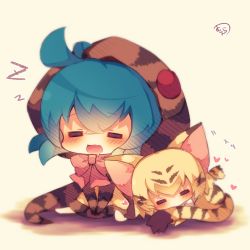 Rule 34 | 10s, = =, animal ears, blonde hair, blue hair, blush, bow, cat ears, cat girl, cat tail, chibi, closed eyes, drooling, fang, hair between eyes, heart, hood, hood up, hoodie, kemono friends, mouth drool, muuran, open mouth, pink bow, print skirt, sand cat (kemono friends), signature, sitting, skirt, sleeping, sleeping upright, snake tail, striped clothes, striped hoodie, striped tail, tail, tsuchinoko (kemono friends), yellow skirt, zzz