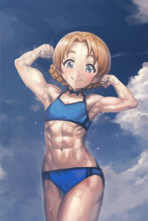 Rule 34 | 1girl, abs, armpits, biceps, blonde hair, blue eyes, braid, breasts, choker, cloud, female focus, flat chest, girls und panzer, muscular, muscular female, navel, orange pekoe (girls und panzer), short hair, sky, small breasts, smile, tagme, yilx