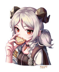 Rule 34 | 1girl, 2020, absurdres, arknights, artist name, black choker, choker, commentary request, cropped torso, food, food request, hand up, highres, holding, holding food, horns, ifrit (arknights), looking at viewer, nyungsep, red eyes, short hair, silver hair, simple background, upper body, white background