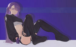Rule 34 | 1girl, bandeau, black footwear, black shorts, black shrug, black thighhighs, blue background, breasts, commentary request, fern (sousou no frieren), flyinbunny, full body, gloves, hair over one eye, half gloves, highres, latex shorts, long hair, long sleeves, looking at viewer, medium breasts, one eye covered, parted lips, purple eyes, purple gloves, purple hair, reclining, shoes, shorts, solo, sousou no frieren, thighhighs, torn clothes, torn thighhighs, white bandeau