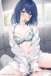 Rule 34 | 1boy, 1girl, window blinds, blue bra, blue panties, bow, bow bra, bra, closed mouth, commentary request, condom, condom in mouth, condom wrapper, floral print, girl on top, hetero, highres, kurokawa akane, looking at viewer, machi (7769), mouth hold, navel, off shoulder, oshi no ko, panties, shirt, solo focus, star-shaped pupils, star (symbol), stomach, straddling, symbol-shaped pupils, underwear, white shirt, window