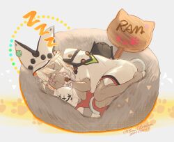 Rule 34 | 1girl, cat tail, closed eyes, curled up, dark-skinned female, dark skin, guilty gear, lucifero (guilty gear), paw print, sleeping, tail, white hair, youmicitrustea, zzz