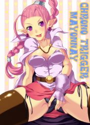 Rule 34 | 1990s (style), 1girl, blush, braid, breasts, bulge, cape, chrono trigger, cleavage, earrings, enoo, fang, flea (chrono trigger), futanari, gloves, jewelry, large breasts, long hair, looking at viewer, open mouth, pink hair, pointy ears, ponytail, red hair, single braid, sitting, smile, solo, spread legs, tongue, tongue out