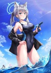 Rule 34 | 3girls, animal ear fluff, animal ears, armpits, bare shoulders, black jacket, blue archive, blue eyes, blush, breasts, collarbone, competition swimsuit, covered navel, day, extra ears, finger on trigger, grey hair, halo, hand on own hip, highleg, highleg swimsuit, highres, holding, holding water gun, hoshino (blue archive), jacket, large breasts, lkeris, long hair, long sleeves, looking at viewer, mismatched pupils, multiple girls, off shoulder, official alternate costume, one-piece swimsuit, open clothes, open jacket, outdoors, parted lips, ponytail, serika (blue archive), serika (swimsuit) (blue archive), shiroko (blue archive), shiroko (swimsuit) (blue archive), sidelocks, solo focus, standing, swimsuit, thighs, two-tone swimsuit, wading, water, water gun, wet