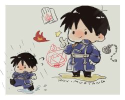 Rule 34 | 1boy, aiguillette, amestris military uniform, arms at sides, black footwear, black hair, black outline, blue jacket, blue pants, border, chain, character name, chibi, clenched hands, closed mouth, clothes, collared jacket, fire, fire, flying sweatdrops, frown, full body, fullmetal alchemist, gloves, grey background, grin, hand on own hip, hand up, jacket, leg up, magic circle, male focus, military, military uniform, multiple views, no nose, outline, pants, pocket watch, puddle, rain, roy mustang, shoes, simple background, smile, snapping fingers, solid circle eyes, sparkle, spiked hair, standing, standing on one leg, uniform, walking, watch, water, water drop, wavy mouth, white border, white gloves, yuu (kotobana 0418)