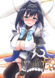 Rule 34 | 1girl, absurdres, arm between legs, arm under breasts, bare shoulders, black gloves, black hair, black shirt, black shorts, black skirt, black thighhighs, blue bow, blue cape, blue eyes, blush, bow, bow earrings, breasts, cape, center opening, chain, cleavage cutout, clock, clothing cutout, crop top, detached sleeves, dual wielding, earrings, gloves, hair intakes, halo, heart-shaped gem, heckler kai, highres, holding, holding weapon, hololive, hololive english, jewelry, large breasts, long sleeves, looking at viewer, mechanical halo, medium hair, micro shorts, miniskirt, nose blush, open mouth, ouro kronii, ouro kronii (1st costume), pinstripe pattern, puffy long sleeves, puffy sleeves, sailor collar, shirt, shorts, sitting, skirt, sleeveless, sleeveless shirt, solo, striped, thighhighs, turtleneck, veil, vest, virtual youtuber, weapon, white sailor collar, white vest, zipper, zipper pull tab